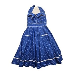 Hell Bunny Vixen Polka Dot Halter Dress Rockabilly Swing Retro Blue Women Medium
